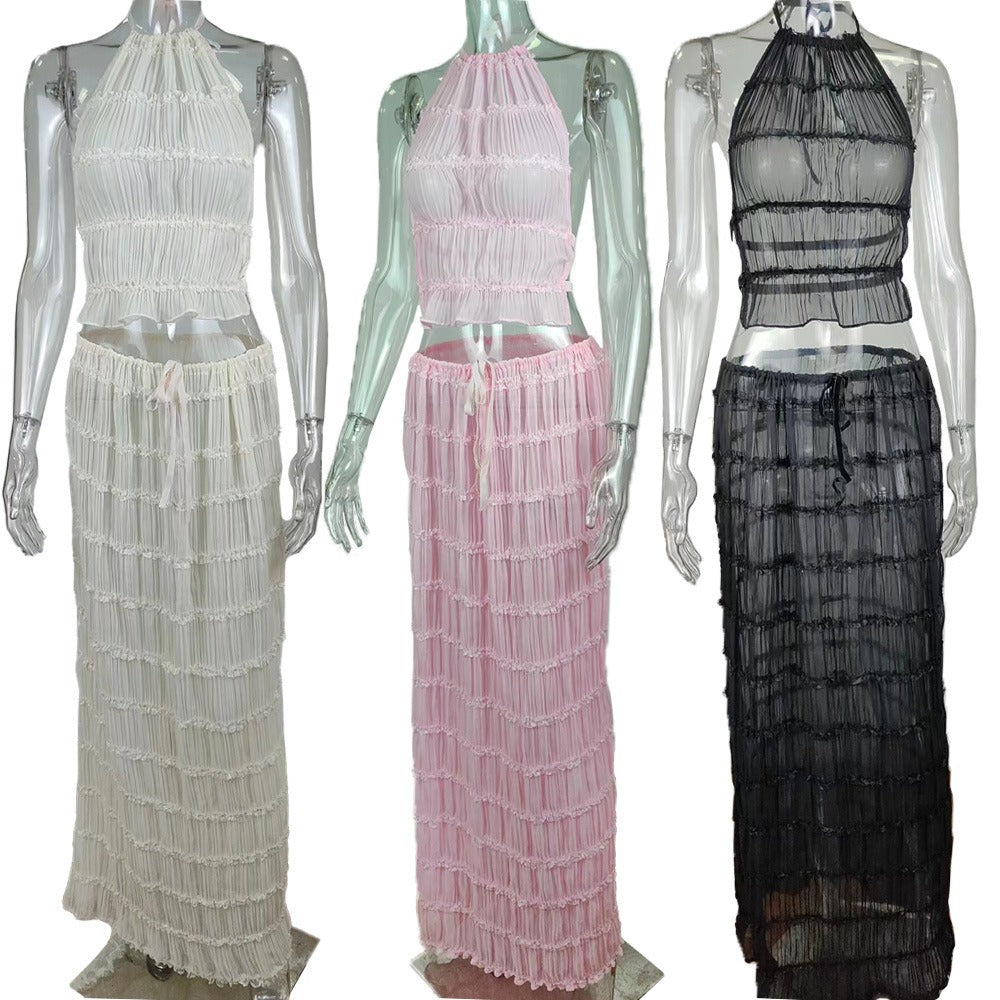 Summer foreign trade sexy backless halter neck strap pleated lace vest vacation style long skirt suit