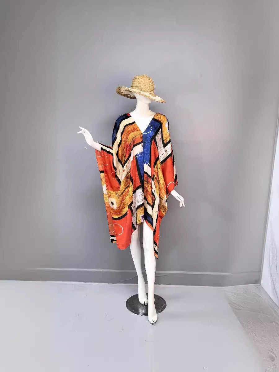 V-neck simulation silk vacation beach dress