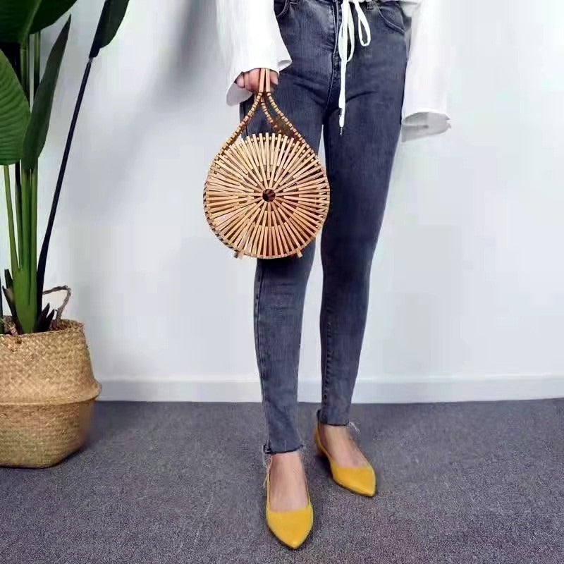 Handheld bamboo woven bag handcrafted woven bag retro hollow beach bag