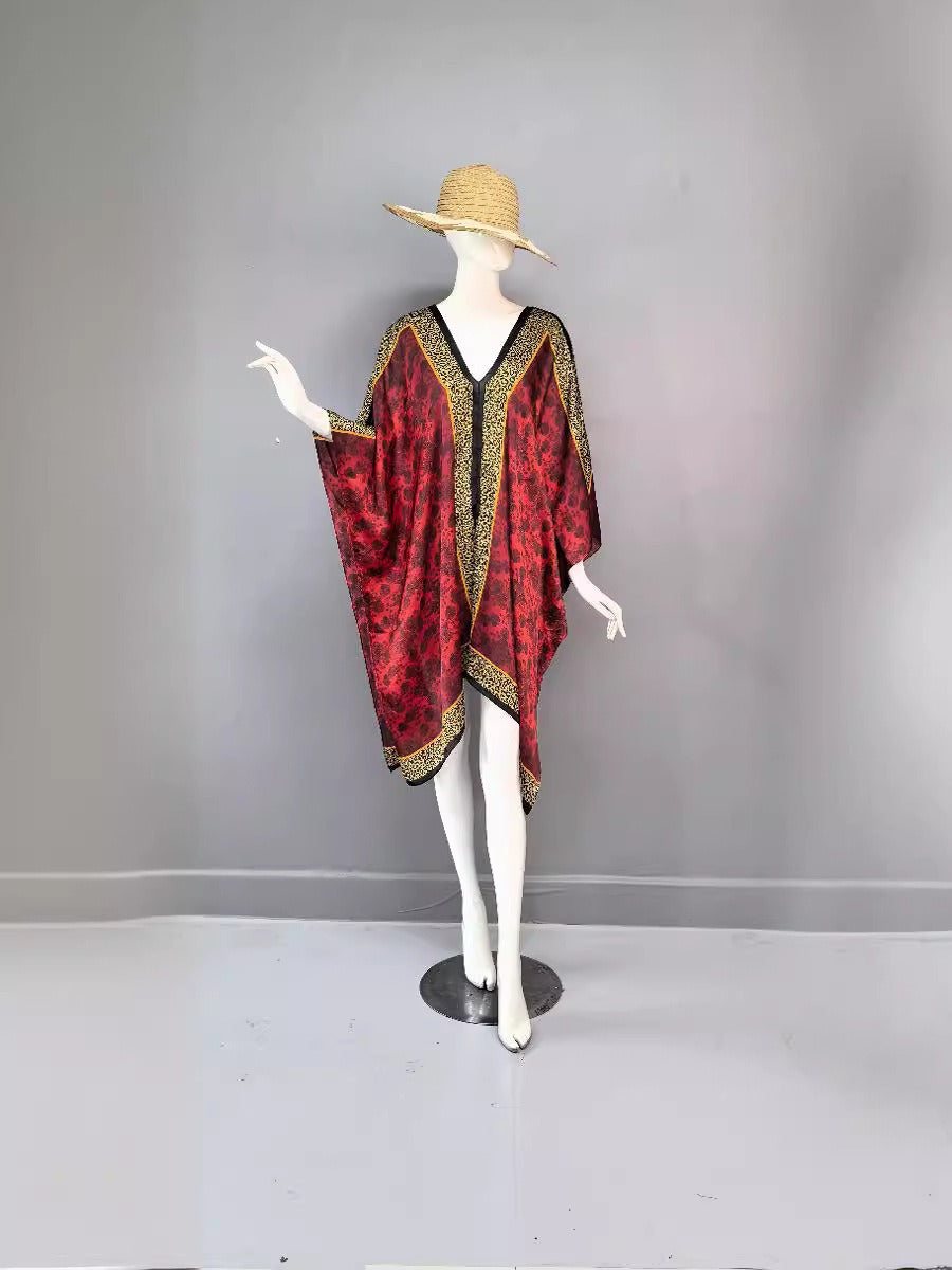 V-neck simulation silk vacation beach dress