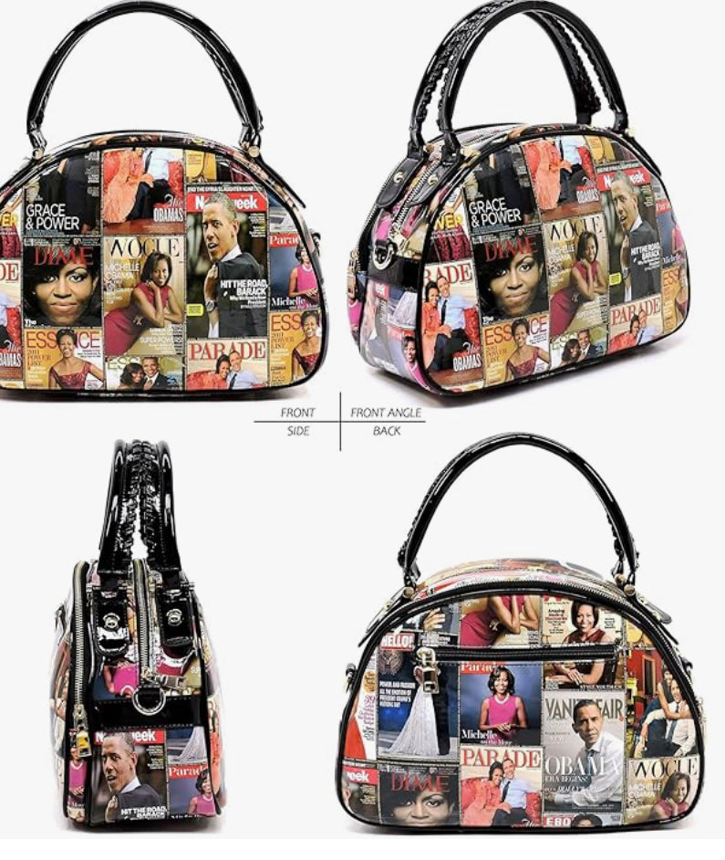 2PCS SET Michelle Obama Glossy Magazine Cover Collage 2-in-1 Satchel & Wallet Set Michelle Obama Crossbody Bag