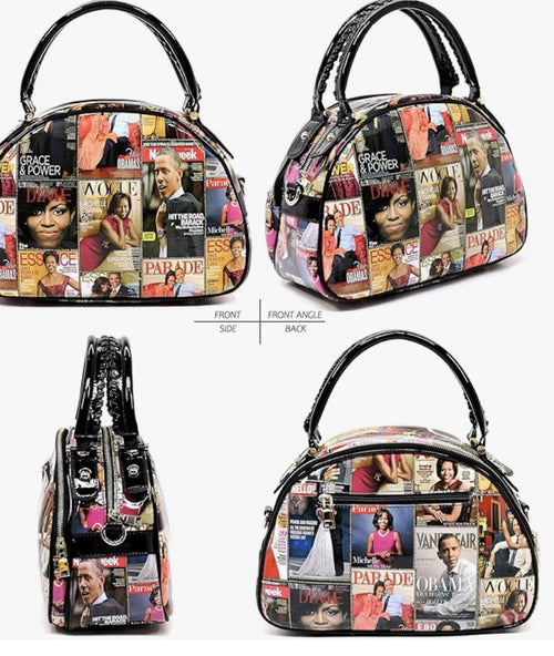 2PCS SET Michelle Obama Glossy Magazine Cover Collage 2-in-1 Satchel & Wallet Set Michelle Obama Crossbody Bag