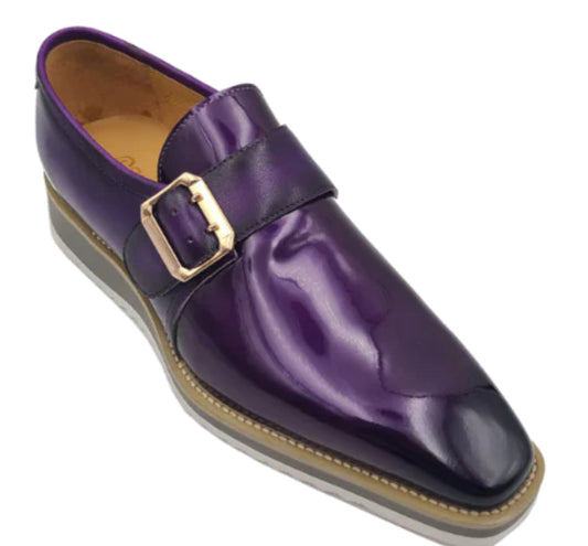 Carrucci Purple Slip-on Men's Monkstraps Patent Leather Shoe Gold Buckle