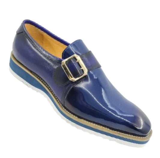 Carrucci Blue Patent Leather Luxury Loafer monkstrap Goldtone Buckle