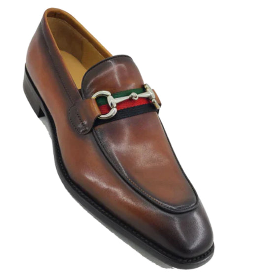 Carrucci cognac calfskin leather men's slip-on shoes red and green strip